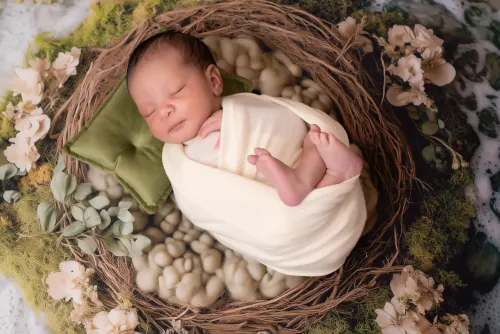 Séance photo naissance en Sarthe – bébé emmailloté tons neutres